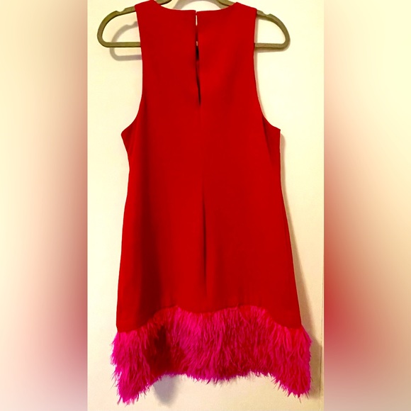Best dress ever! Size 12 red Trina Turk shift with hot pink feathers - Picture 2 of 5